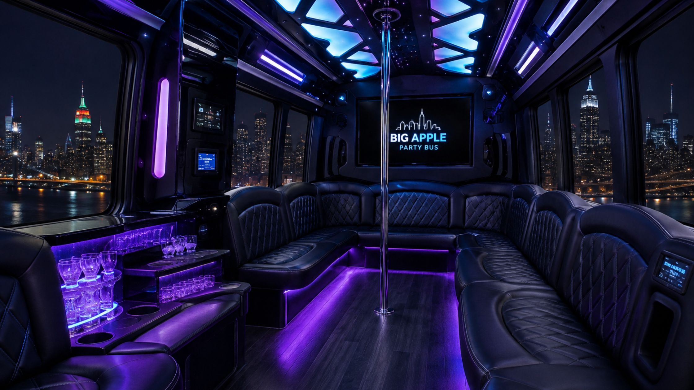 Interior of a party bus in New York City with LED lighting and leather seating